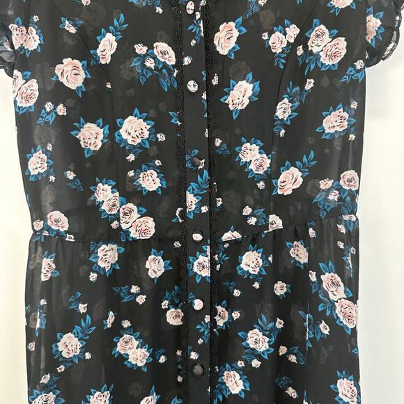 Hot Topic Floral Button-Down Black Chiffon Lace Collar Mini Dress Womens Size M - Picture 7 of 15